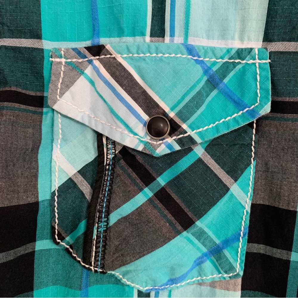 BKE men’s short sleeve button-down shirt, teal blue black gray, western cowboy - Picture 8 of 10